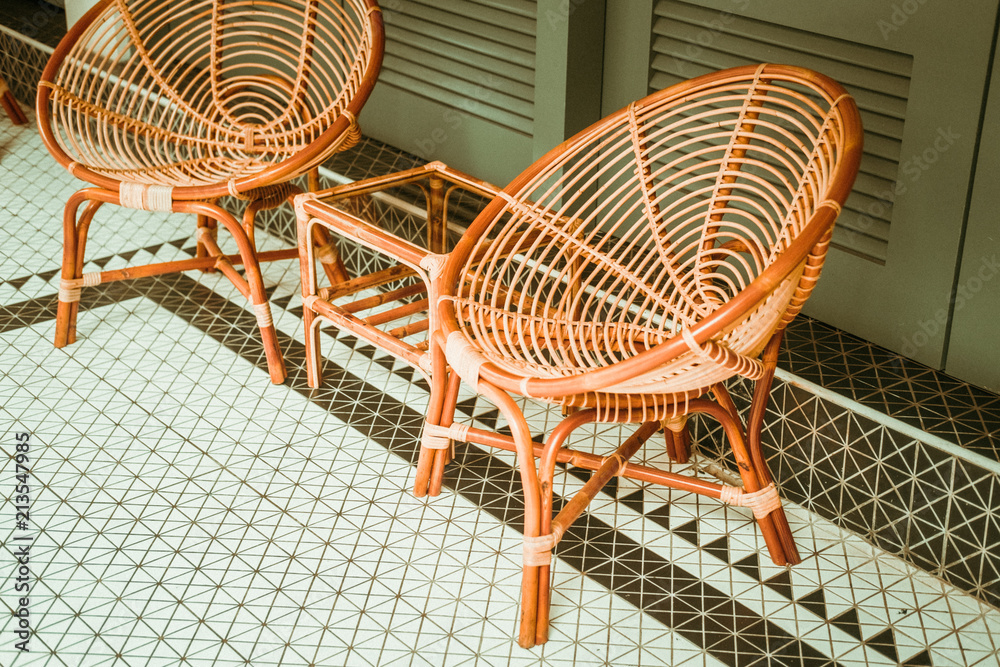Modern wooden wire net chairs at coffee shop Stock Photo Adobe Stock