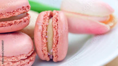 Macro close up of colourful macaron cookies.