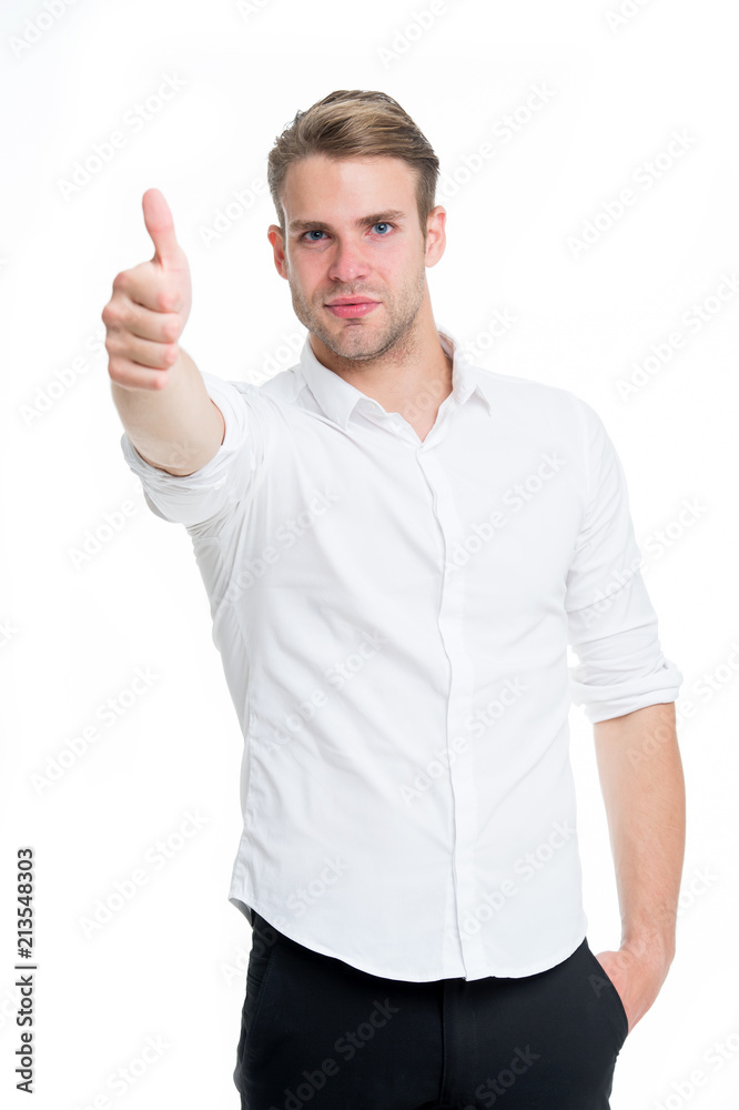Excellent quality. Guy shows thumb up. Man calm face posing confidently ready to help white background. Guy with bristle glad to help you in shop. Man shop consultant looks confident and hospitable Excellent quality. Guy shows thumb up. Man calm face posing confidently ready to help white background. Guy with bristle glad to help you in shop. Man shop consultant looks confident and hospitable