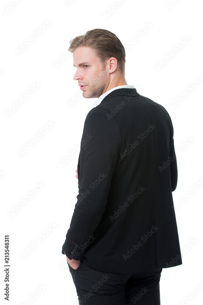 His style classic. Man well groomed in formal outfit rear view isolated white. Business dress code means for men suit. Business dress code. Businessman gentleman dressed classic professional attire