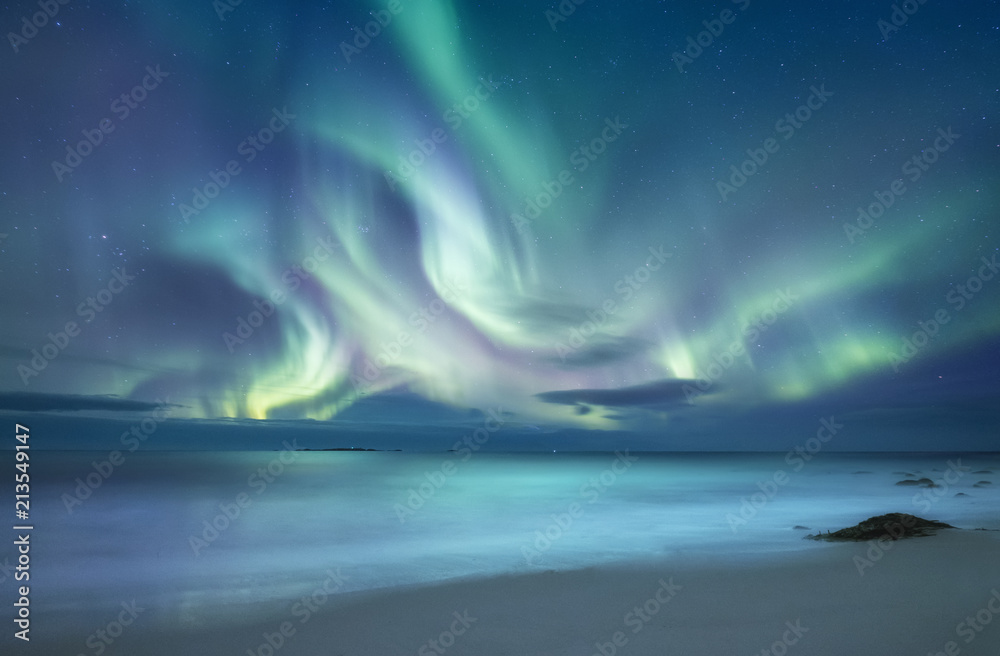Northen light above ocean. Beautiful natural landscape in the Norway