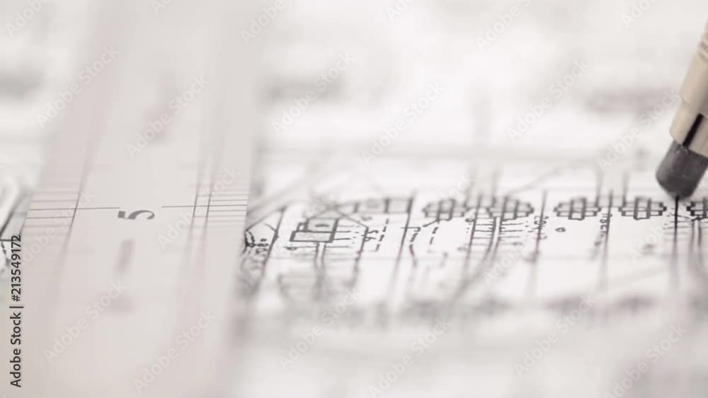 architecture, construction, building, business, education, creation and art concept - abstract architectural blueprint, professional tools and equipment for architecture & design