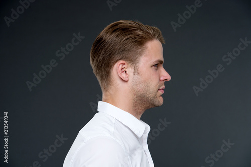 barbershop services for businessman. businessman at barbershop. hairstyle of businessman after barbershop. barbershop man with formal confident look of businessman. casual business man in profile. © be free