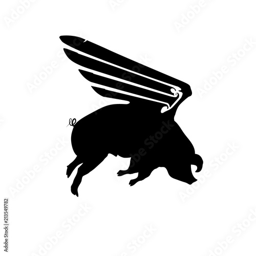 Silhouette funny piggy with wings flying, pig pattern, black and white vector illustration
