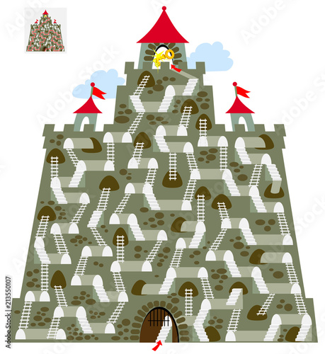 Logic puzzle game with labyrinth for children and adults. Find the way in the castle till tower with key. Vector cartoon image.