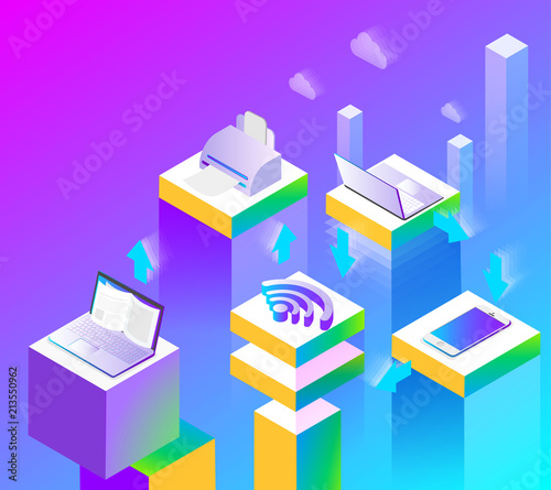 Connection, internet and local network. Abstract isometric background.