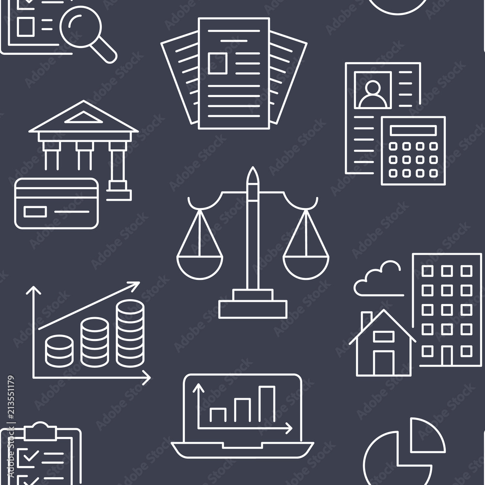 Financial accounting seamless pattern with flat line icons. Bookkeeping background, tax optimization, loan, invoice, real estate crediting. Accountancy, finance thin linear signs for legal services.