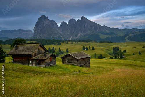 Sassolungo mountains on the Italian Alps Dolomites with wood houses on the foreground
