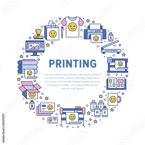 Printing house circle poster with flat line icons. Print shop equipment - printer, scanner, offset machine, plotter, brochure, rubber stamp. Polygraphy office signs, typography.