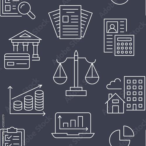 Financial accounting seamless pattern with flat line icons. Bookkeeping background, tax optimization, loan, invoice, real estate crediting. Accountancy, finance thin linear signs for legal services.