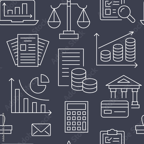 Financial accounting seamless pattern with flat line icons. Bookkeeping background, tax optimization, loan, payroll, real estate crediting. Accountancy, finance thin linear signs for legal services.