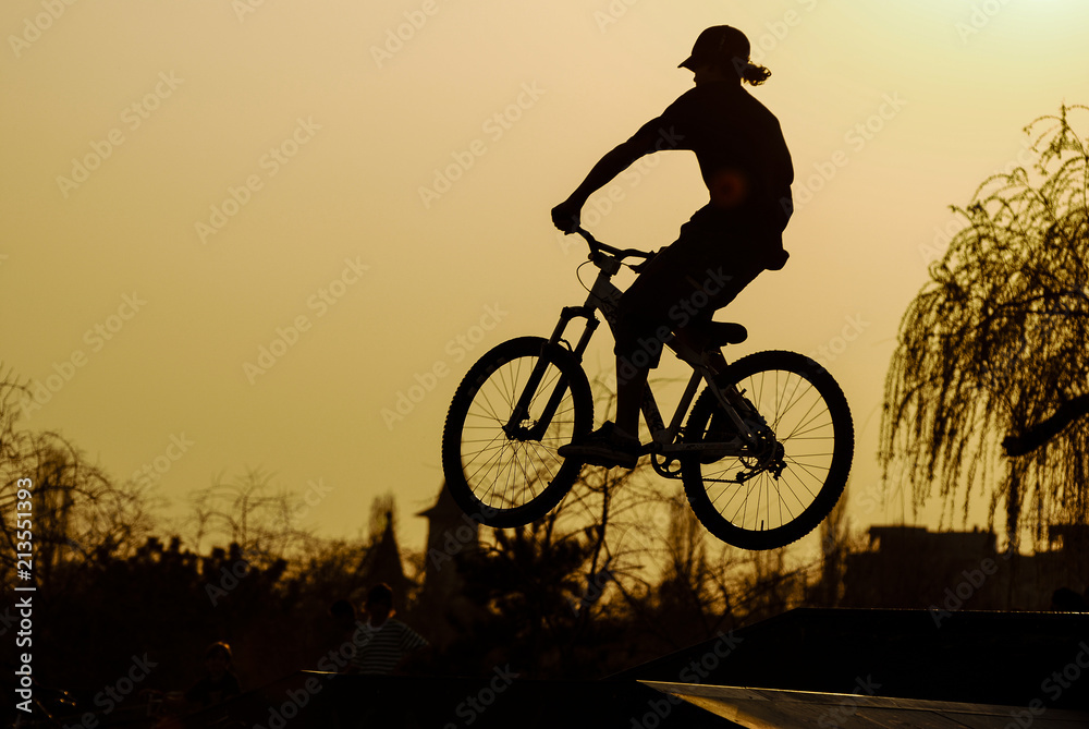 Obraz premium Bike jumps/Silhouette of a jumping biker on a mountain bike in an outdoor park projected against the sunset orange sky. 