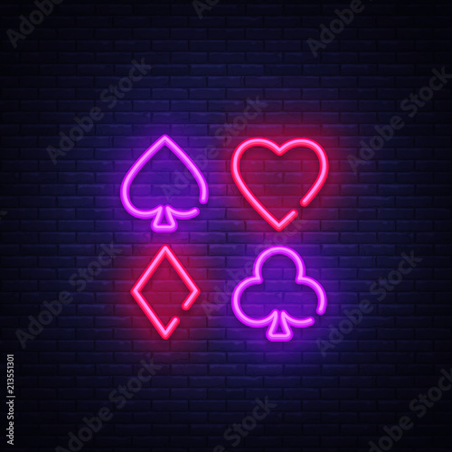 Poker Neon sign vector design template. Poker symbols neon logo, light banner design element colorful modern design trend, night bright advertising, bright sign. Vector illustration