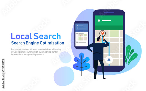 local search marketing ecommerce. concept of mobile location SEO search engine optimization. large phone with business man holding magnifying glass. vector illustration