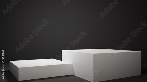 Two 3D white square podiums lit in a dark environment