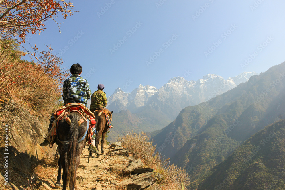 Fototapeta premium Father and son riding donkeys on the path of the Tiger Leaping Gorge, Yunnan province, China. Dangerous cliff edge, hiking concepts