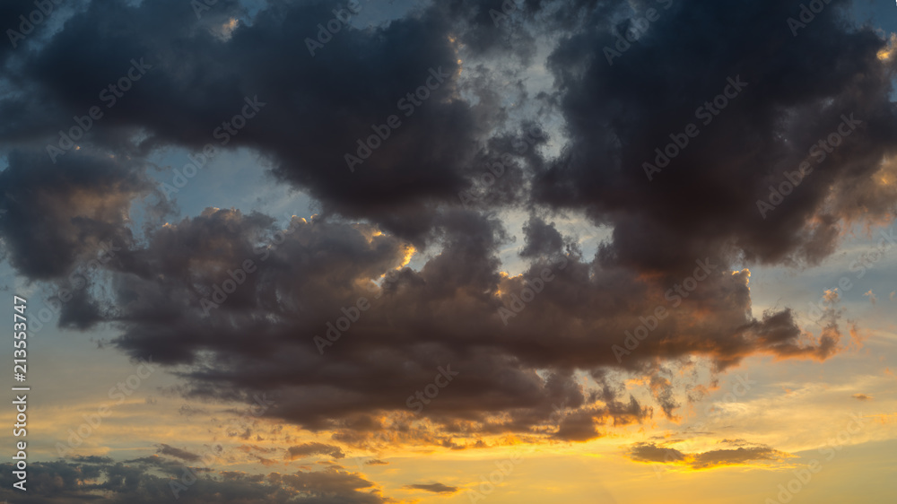 Panorama of beautiful red sky and cloud in sunset, colorful evening nature. High resolution.