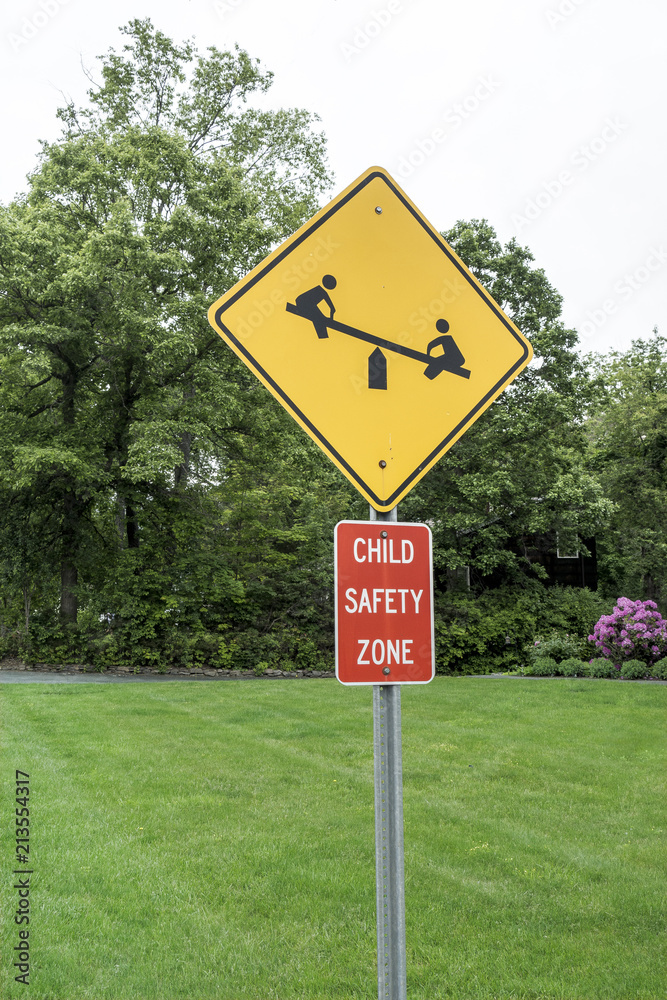 child safety zone sign, yellow black, red white, icon see-saw
