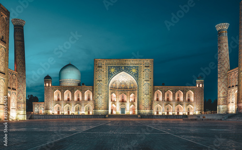 View to Registan Square at Night in Samarkand Uzbekistan photo