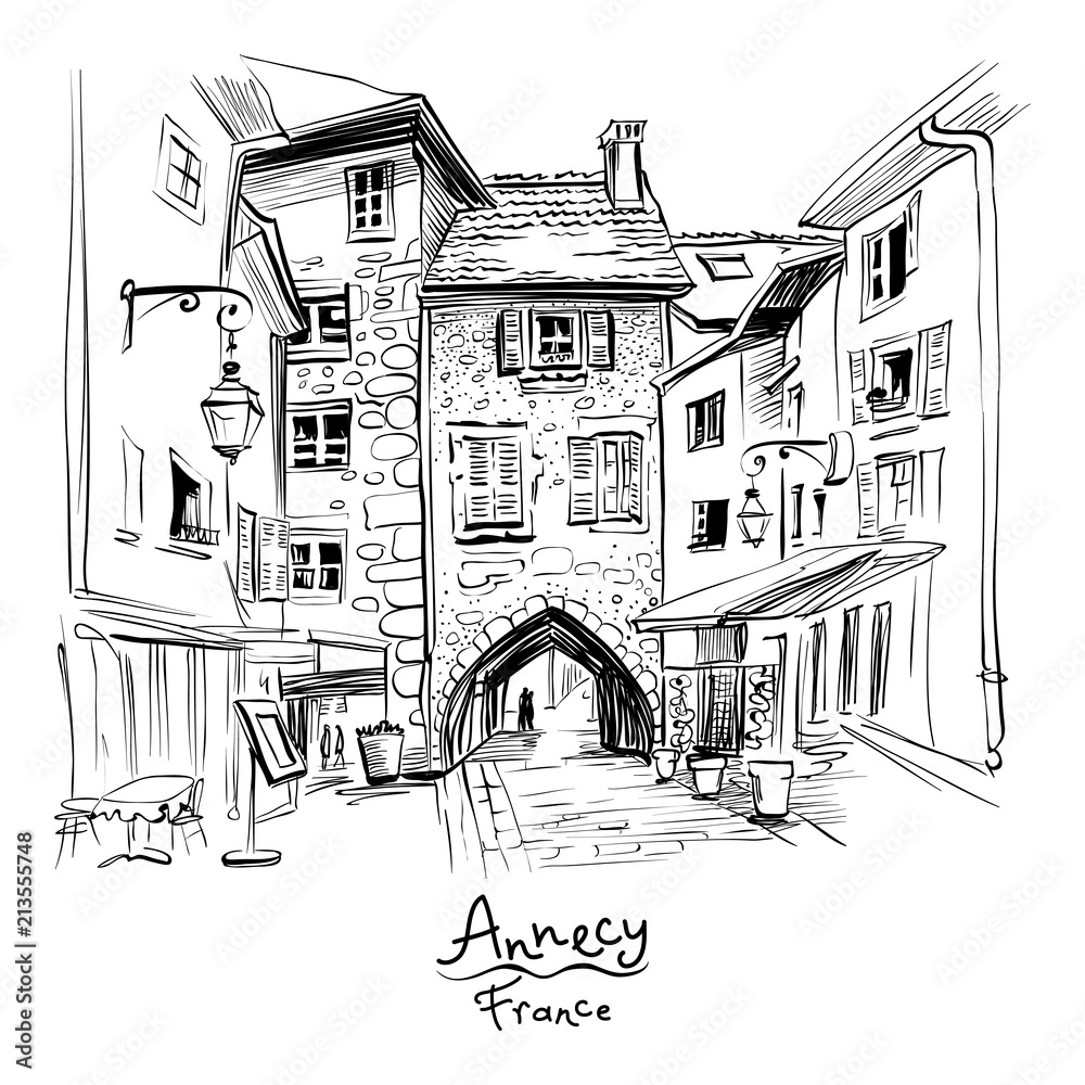 Fototapeta Wektorowy czarny i biały, miasto widok z Wspaniałą średniowieczną łuk bramą Sepulchre brama na ulicznej rui Sainte-Claire w Starym miasteczku Annecy, Francja.