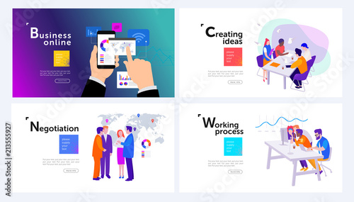 set of modern vector illustrations in isometrics for design: workflow, creation of ideas, online business, leaders meeting