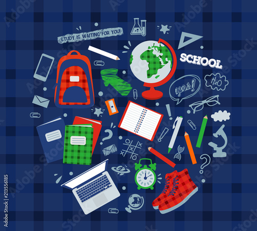 vector illustration of painted objects for school: backpack, globe, sneakers, microscope, textbooks, alarm clock, notepad, pencil, sharpener, pen, glasses, ruler