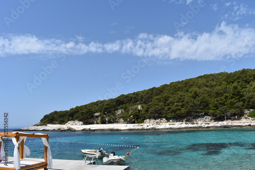 Beach bed tents at the Adriatic Sea  Hvar Island  Dalmatian Coast  Croatia