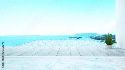 Empty room with swimming pool and panorama sea view in hotel or resort - Pool terrarace and swimming pool for summer or vacation time artwork - 3D Rendering
