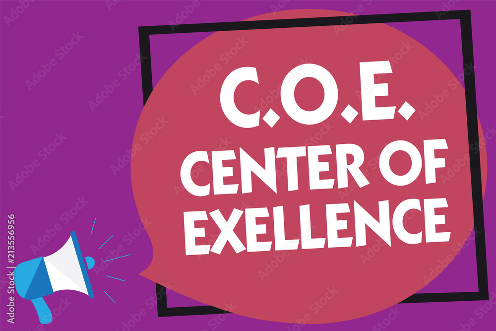 Text sign showing C.O.E Center Of Excellence. Conceptual photo being alpha leader in your position Achieve Megaphone loudspeaker loud screaming purple background frame speech bubble.