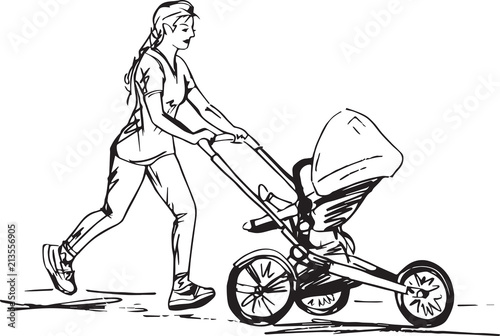 Sketch of woman Running with Buggy