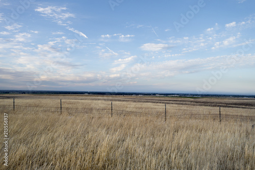 Golden hayfield, no homes, fence, blue sky, clouds