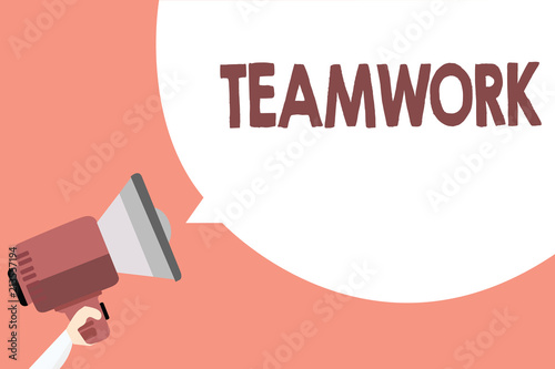 Handwriting text Teamwork. Concept meaning Group of people who work together as one and with the same aim Megaphone loudspeaker loud screaming scream idea talk talking speech bubble.