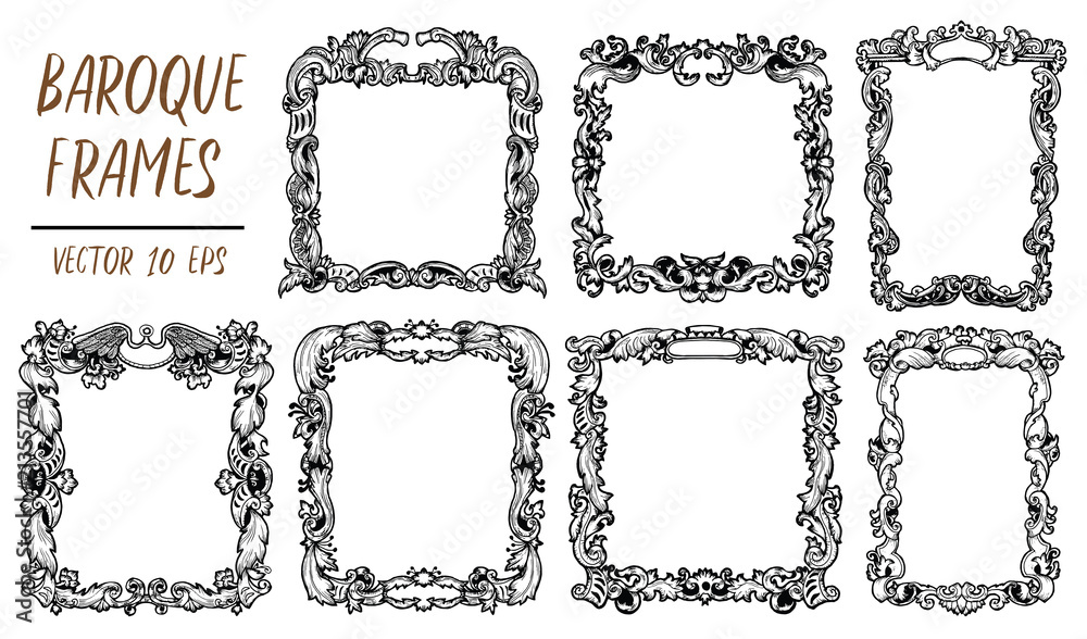 Set with black and white vector baroque frames in decorative retro ornament style. Hand drawn vector illustration, engraved drawings for cards, posters, invitations, print