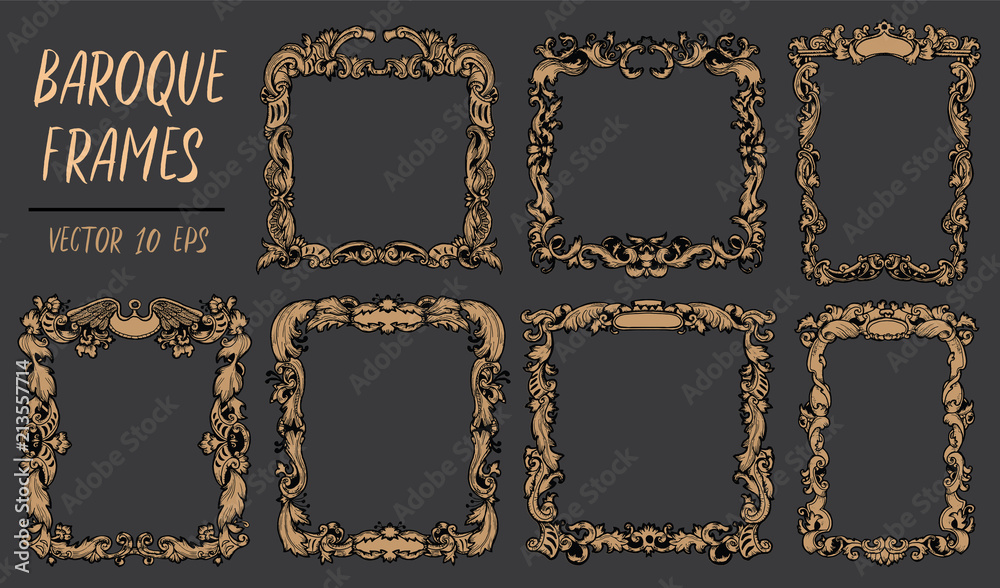 Set with gold baroque frames in rococo style with retro ornament. Hand drawn vector illustration, engraved drawings for cards, posters, invitations, print