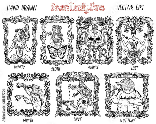 Canvastavla Set with seven deadly sins concept, black and white vector collection