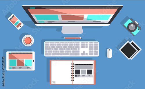 Flat design illustration concepts for creative process, graphic design, web design development, responsive web design, coding.