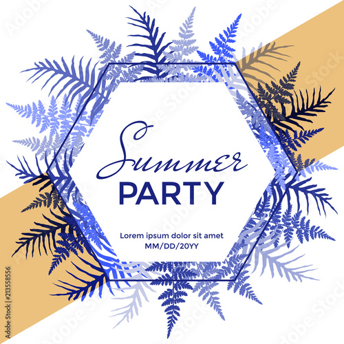 Summer party poster, banner, card or invitation vector template. Fern frond hexagon frame.