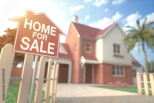 Real Estate Home Business and Finance. Home for sale, real estate sign in front of beautiful house with beam of sunlight coming from the background. Home business and finance concept. photo