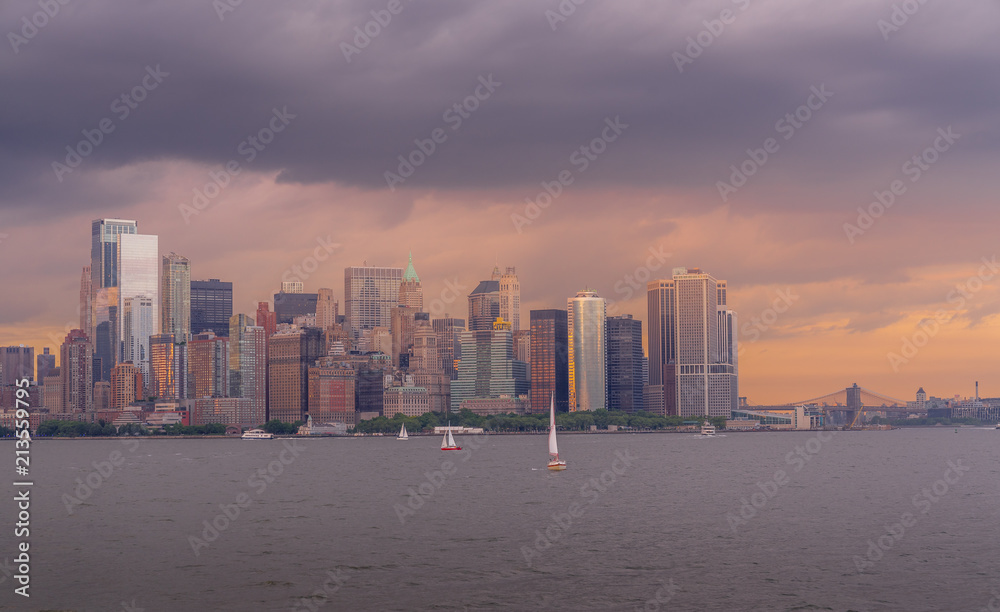 View of Lower Manhattan skyline in New York Harbor area.