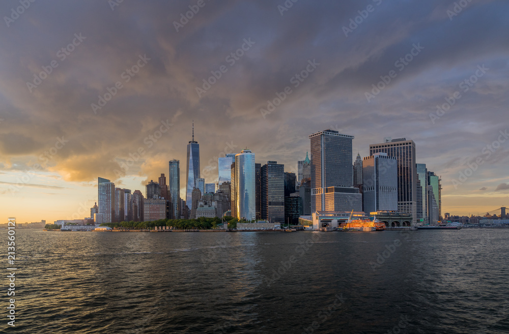 Panorama view of  NYC Lower Manhattan skyline in New York Harbor