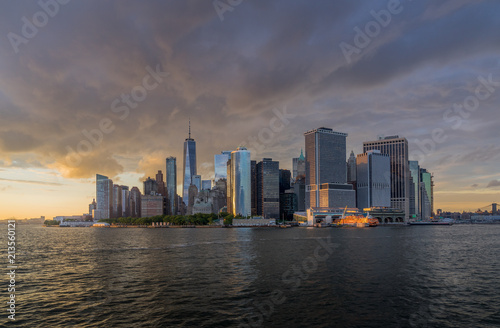 Panorama view of NYC Lower Manhattan skyline in New York Harbor