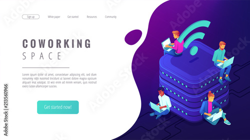 Isometric coworking space landing page. People with laptops working in the same place and network. Shared workplace, office space concept on ultraviolet background. Vector 3d illustration.