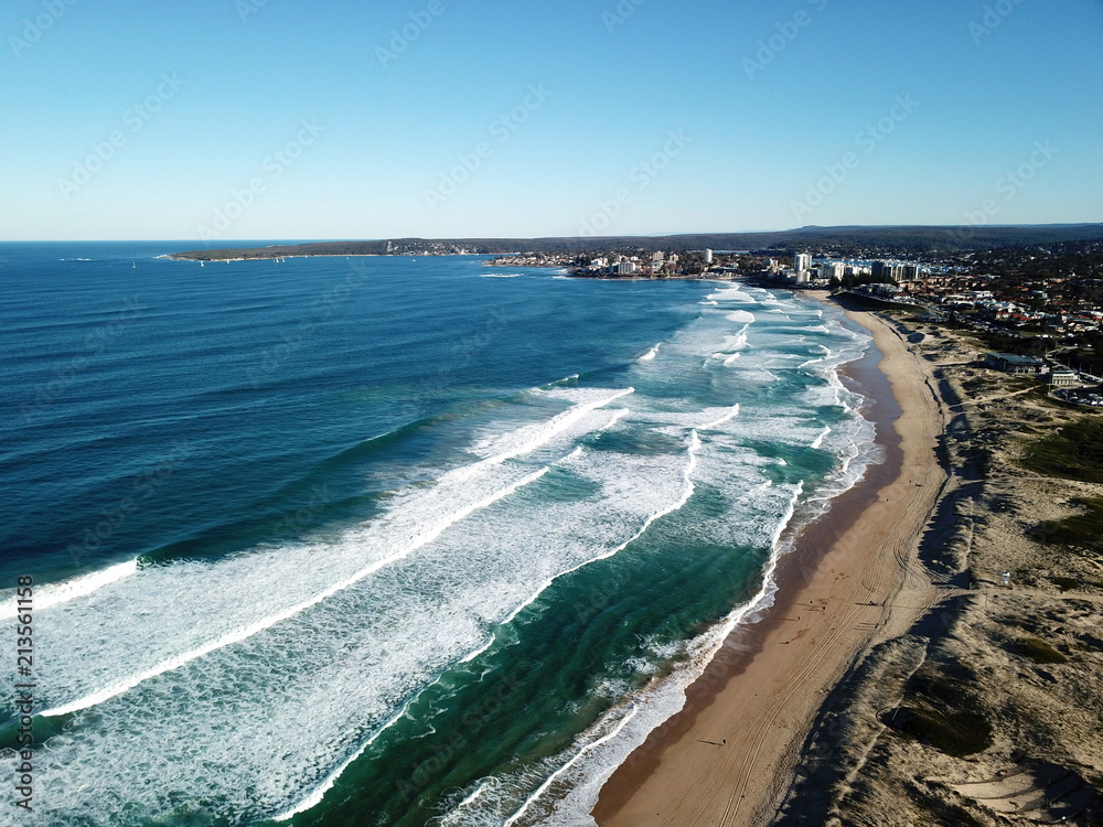 Bird view of Wanda and Cronulla beach (Sydney, Australia) on a sunny but cold day in winter time.