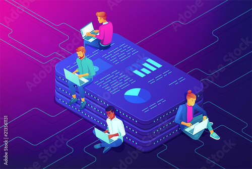 Marketing strategy isometric concept. Long-term planning, goal achieving, strategic management, market share analysis, digital analysts teamwork on ultraviolet background. Vector 3d illustration.