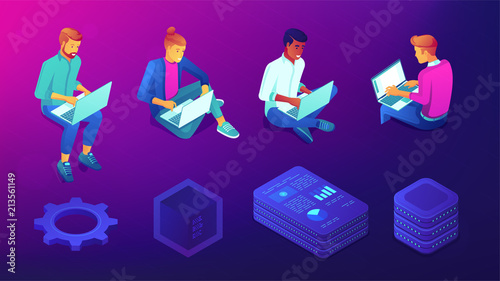 Isometric developers, programmers and designers with laptops set. Blockchain, IT technology and coding symbols on ultraviolet background. Vector 3d illustrations set.