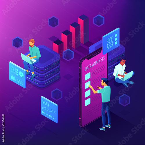 Dedicated team working on a project isometric concept. Business anlyst, front end and beck end developers implementing features. Software development on ultraviolet background. Vector 3d illustration.