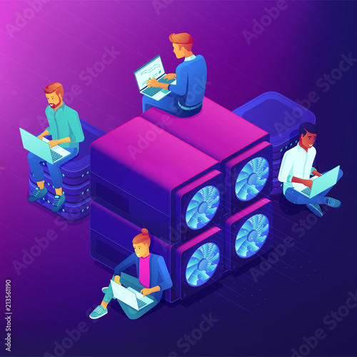 Isometric blockchain technology and mining concept. Blockchain developers sitting near video card server mining farm and processing data. Vector 3D isometric illustration on ultraviolet background.