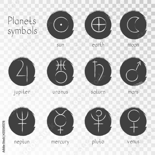 Vector set of grunge icons with astrological planets symbols on a transparent background. Signs collection: sun, earth, moon, saturn, uranus, neptune, jupiter, venus, mars, pluto, mercury. Monochrome.