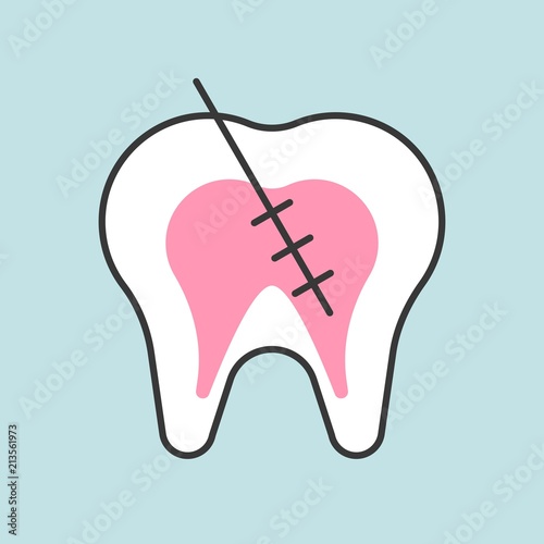 Tooth with root canal treatment or endodontic treatment, dental related icon, filled outline