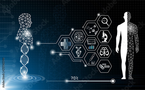 abstract background technology concept in blue light,brain and human body heal ,technology modern medical science in future and global international medical with tests analysis clone DNA human